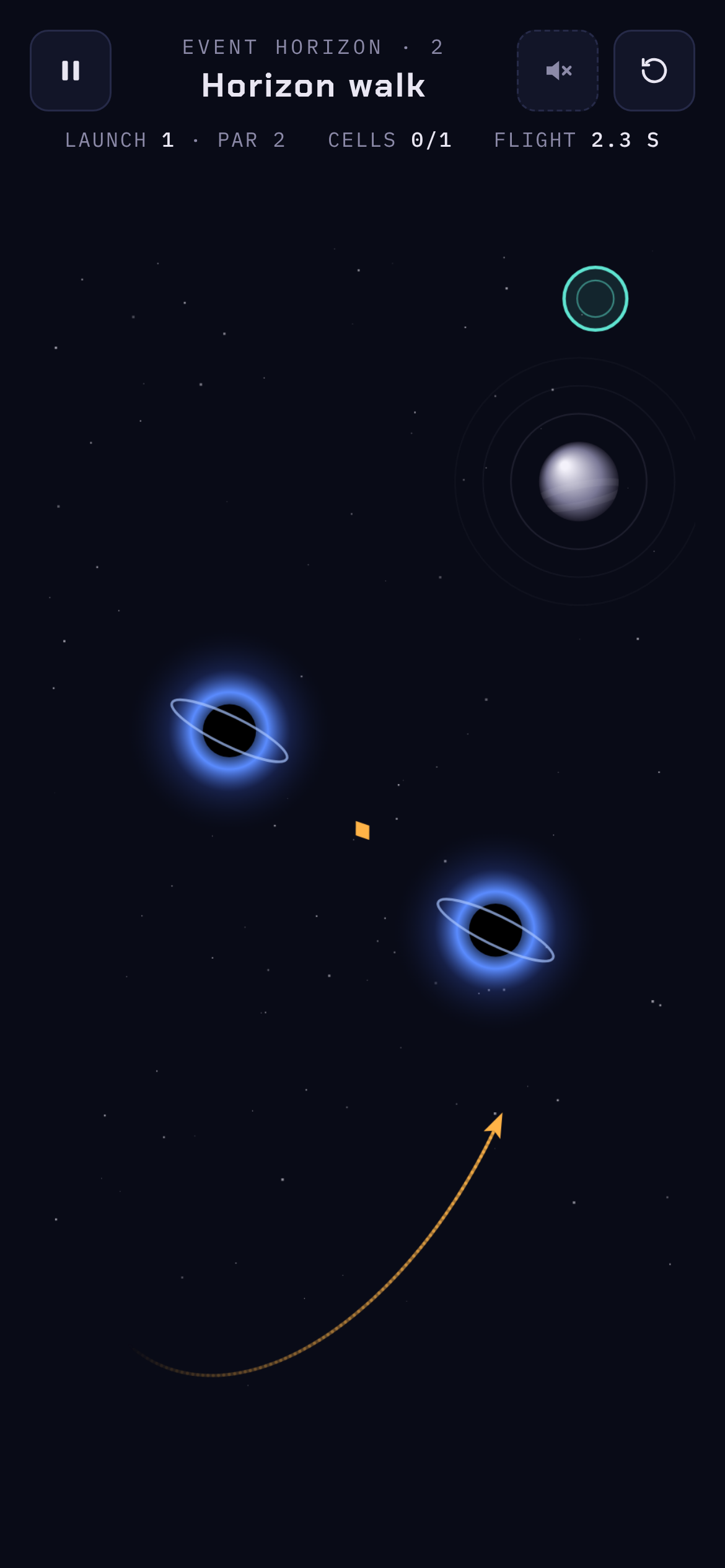 A probe curving around a planet toward the gate